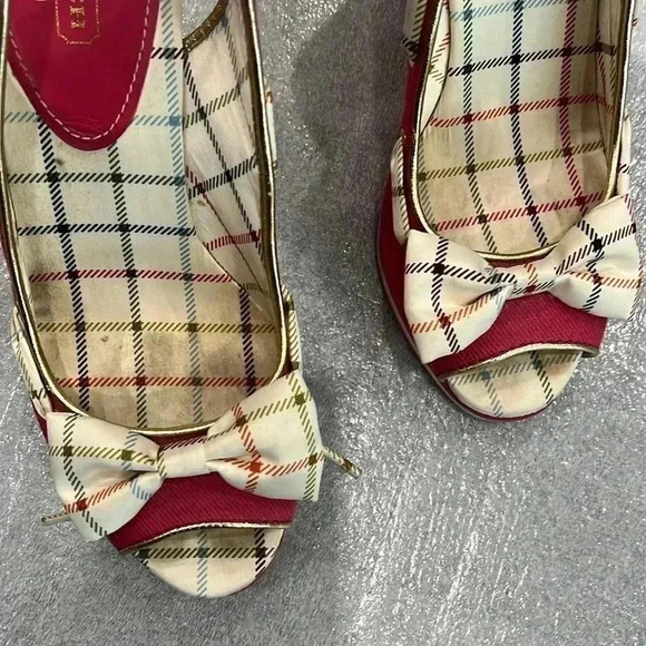 [8B]Coach Twirlino Twirling Open Toe Cork Wedges Bow  Detail Pink Plaid - Picture 4 of 10